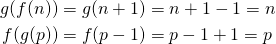 \begin{align*}g(f(n))&=g(n+1)=n+1-1=n\\f(g(p))&=f(p-1)=p-1+1=p\end{align*}